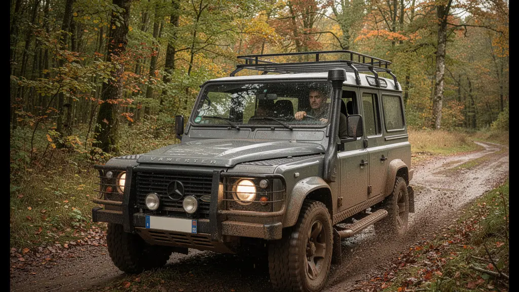 4x4 franchissant un chemin forestier boueux en France, assurance tout-terrain