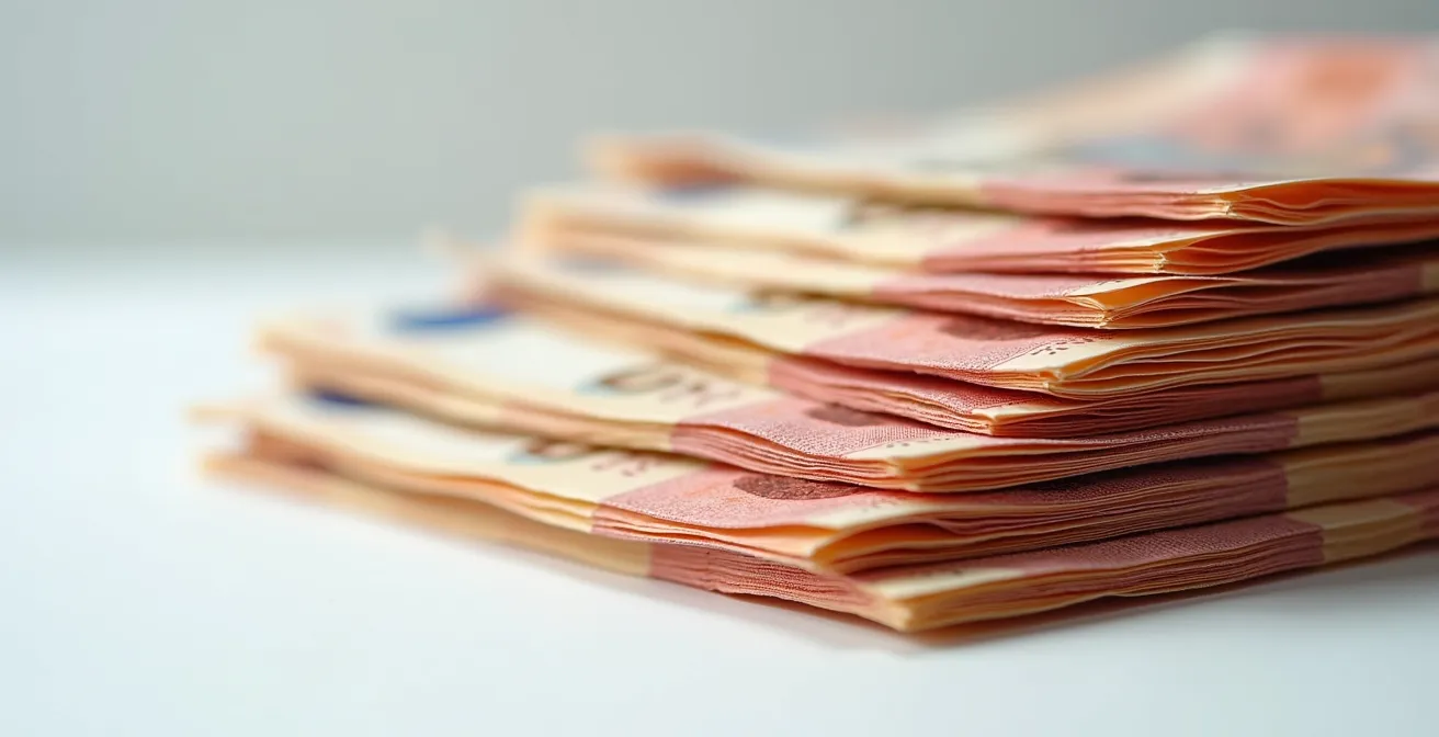 Gros plan macro sur des billets de banque empilés avec un effet de profondeur de champ montrant différentes hauteurs représentant les quotités