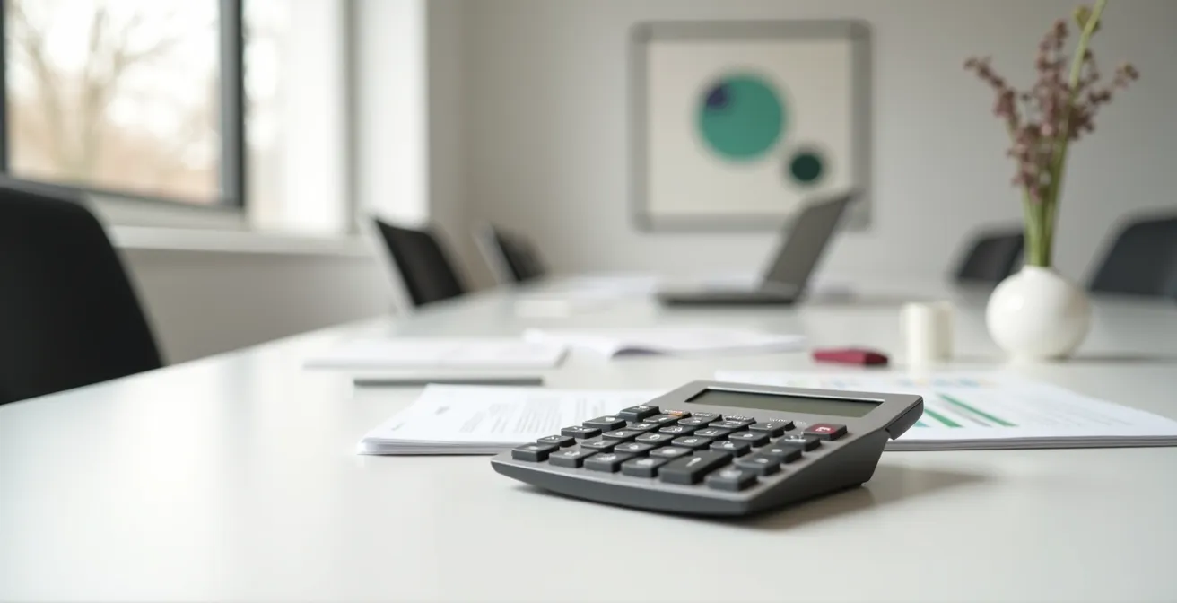 Calculatrice moderne et documents fiscaux sur un bureau professionnel éclairé