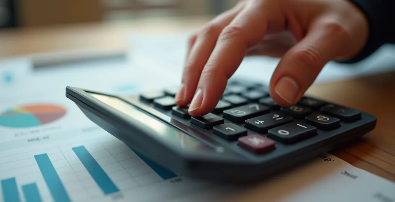 Main tenant une calculatrice moderne avec papiers financiers flous en arrière-plan