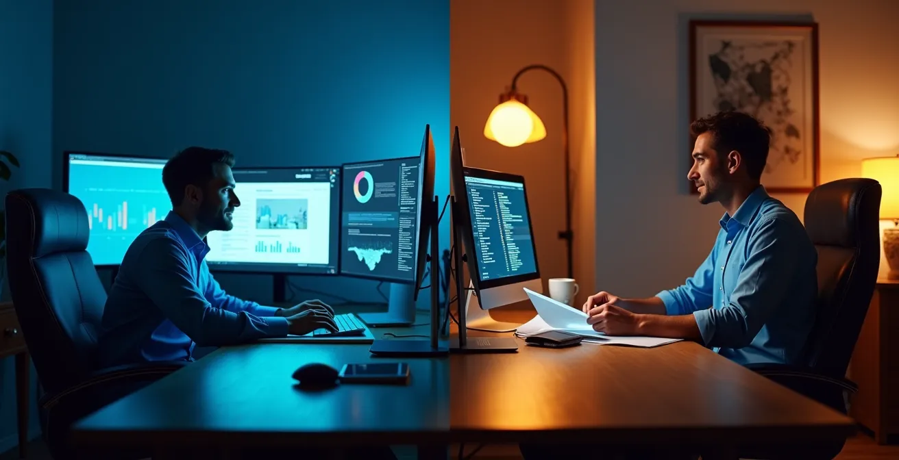 Vue divisée montrant un courtier digital travaillant sur ordinateur et un courtier en agence recevant un client