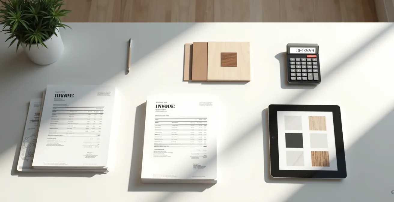 Bureau avec factures de travaux et calculatrice montrant des calculs de plus-value