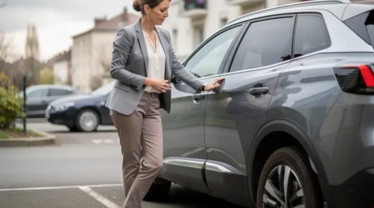 Conductrice vérifiant l'état extérieur de son SUV hybride en LLD sur un parking résidentiel