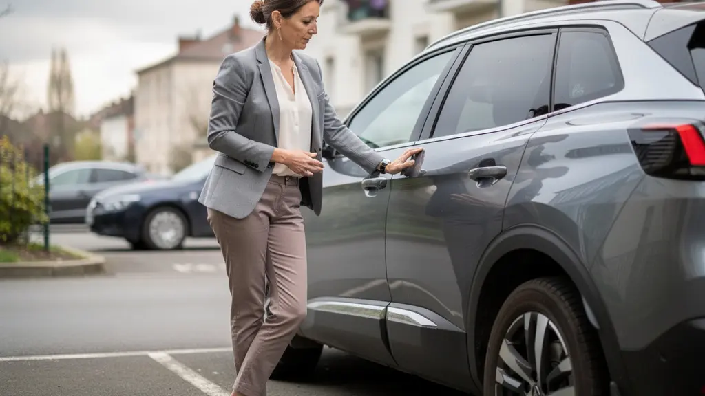 Conductrice vérifiant l'état extérieur de son SUV hybride en LLD sur un parking résidentiel