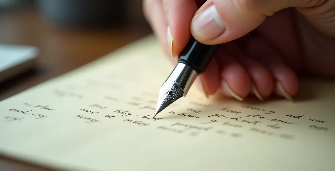 Gros plan sur des mains signant un document chez le notaire avec un stylo plume, illustrant l'importance de formaliser les accords.