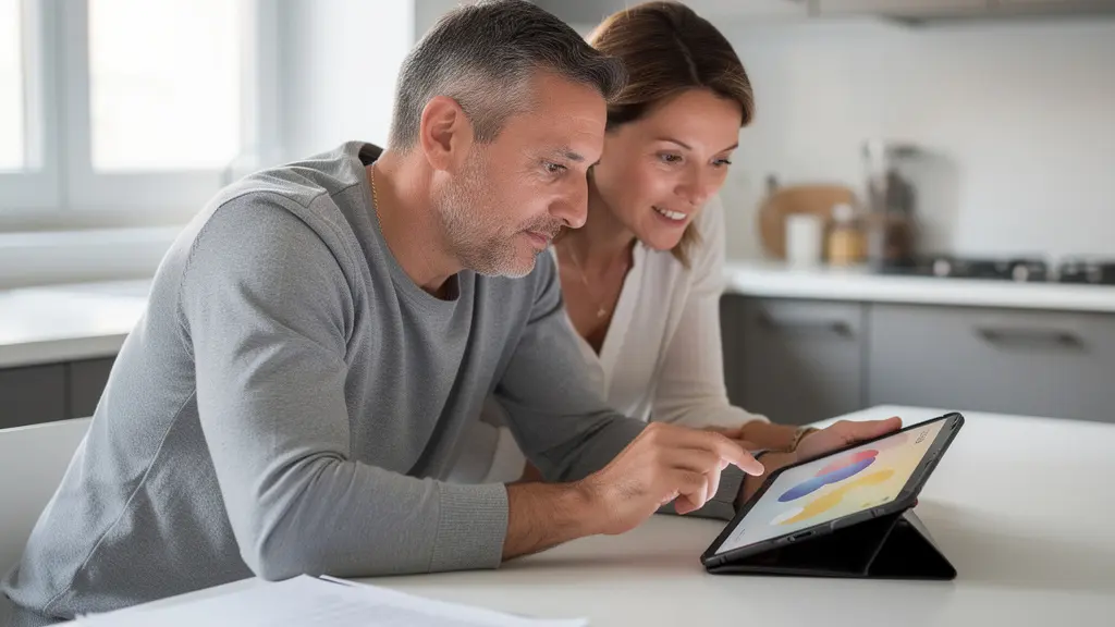 Couple comparant des devis assurance auto sur tablette dans leur cuisine