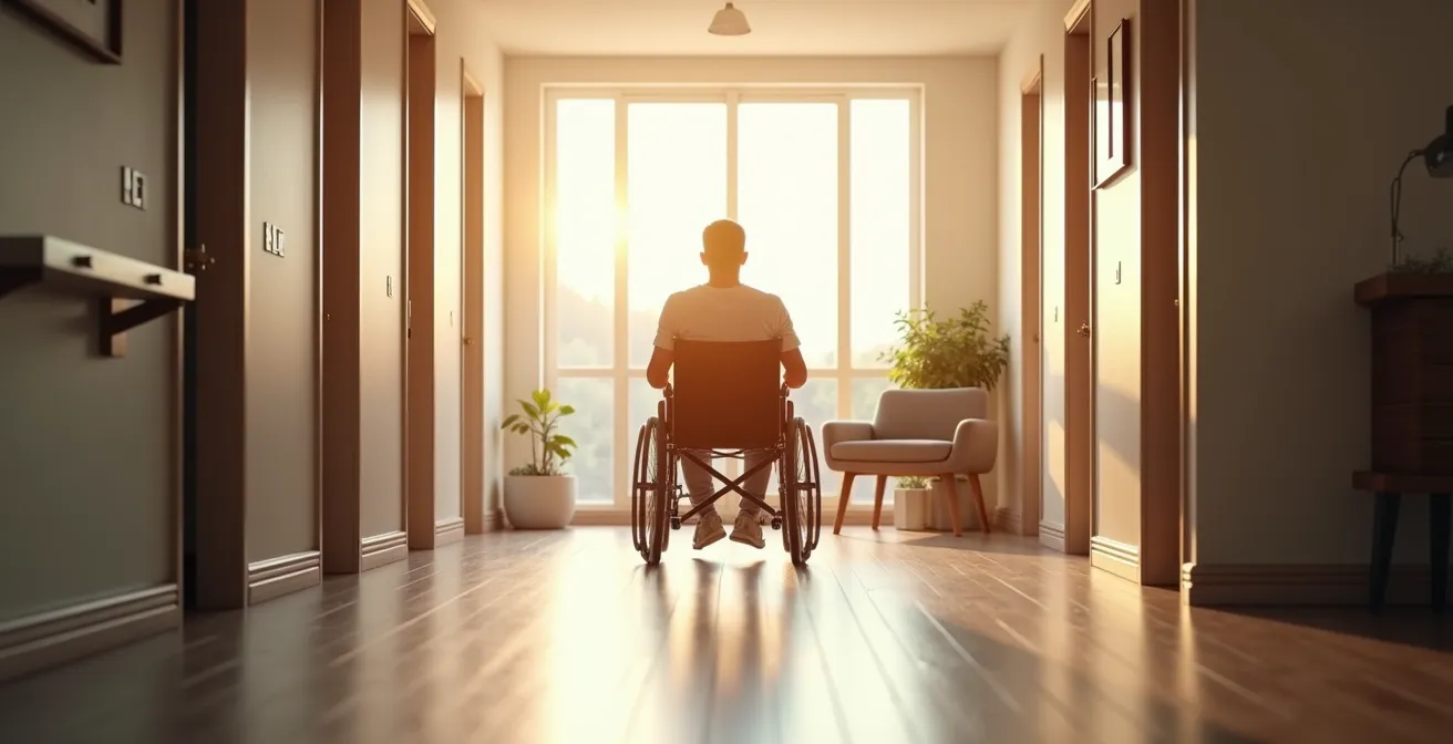 Personne en fauteuil roulant dans un environnement adapté illustrant les besoins d'aménagement