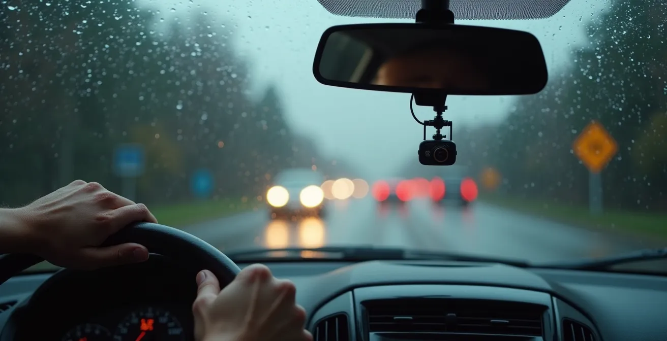 Vue depuis l'intérieur d'un véhicule montrant une dashcam installée sur le pare-brise