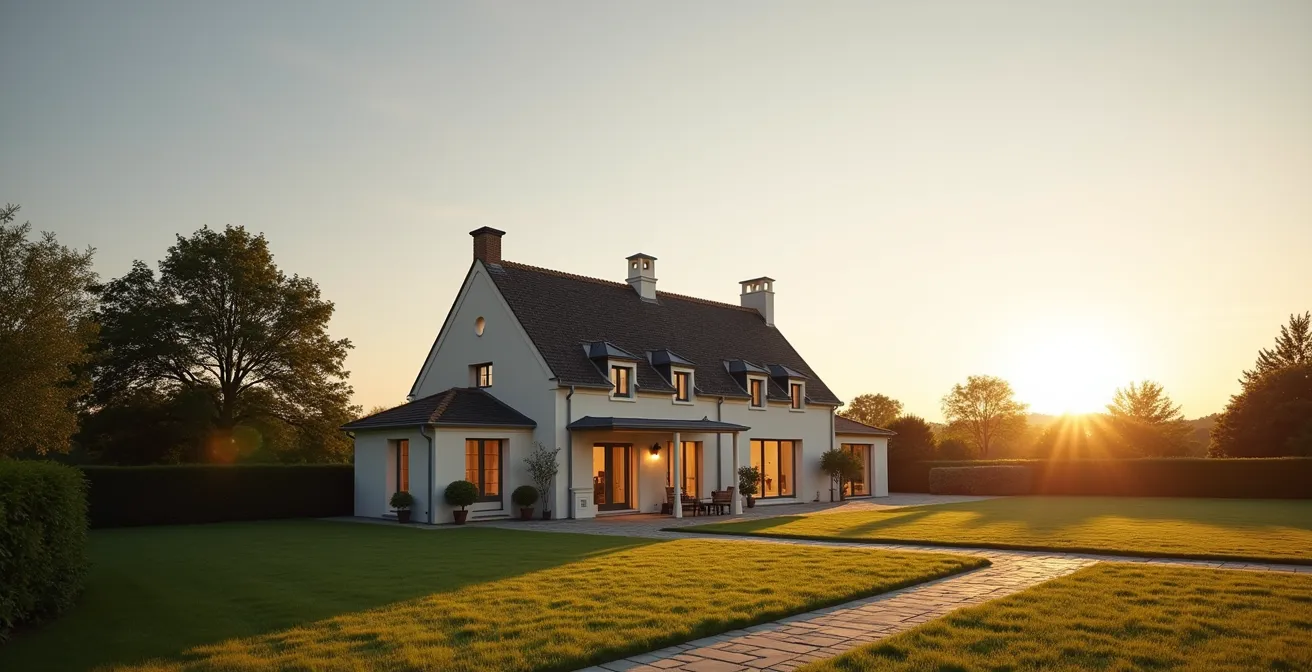 Maison familiale photographiée au coucher du soleil avec jardin verdoyant