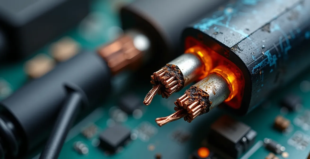 Expert examinant un câble de recharge endommagé avec équipement de diagnostic