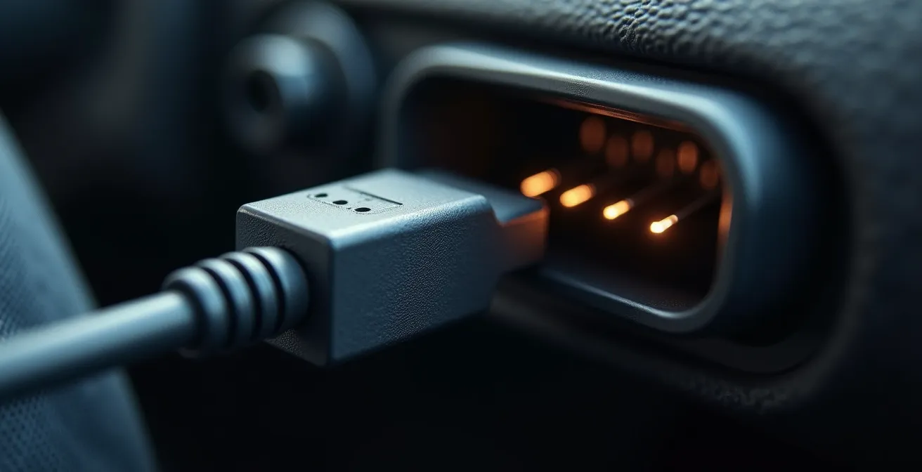 Gros plan sur un diagnostic OBD connecté au port d'un véhicule électrique