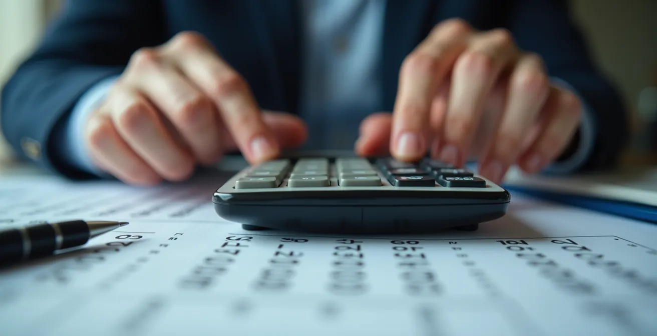 Bureau avec documents comptables et calculatrice pour évaluation de perte d'exploitation