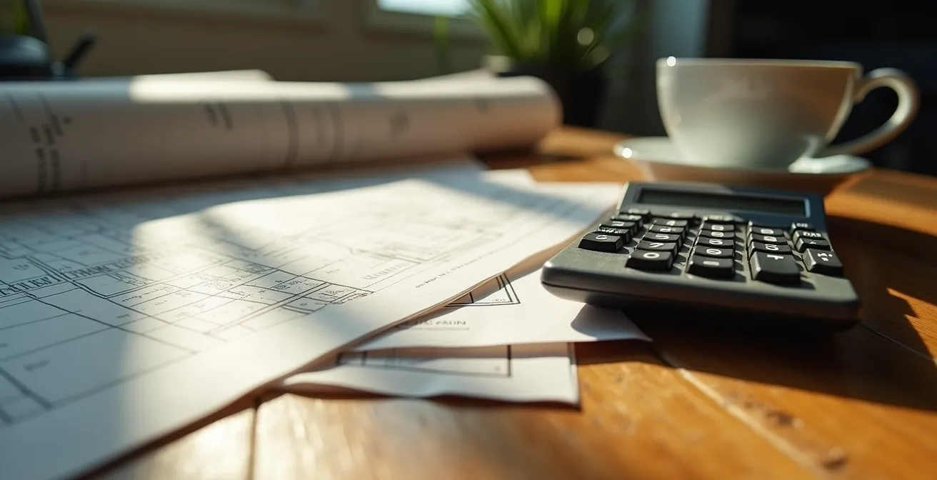 Organisation de documents fiscaux pour la rénovation avec calculatrice et tableaux de données