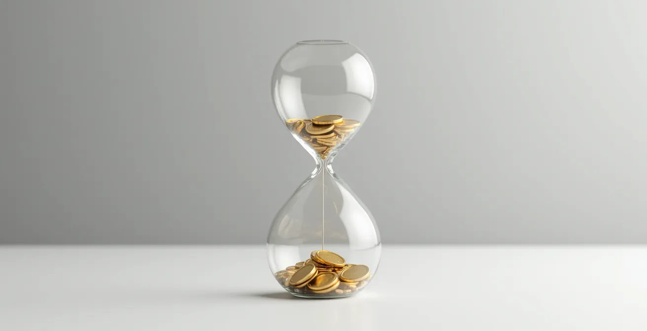 Sablier moderne avec pièces de monnaie s'écoulant symbolisant le temps et l'argent