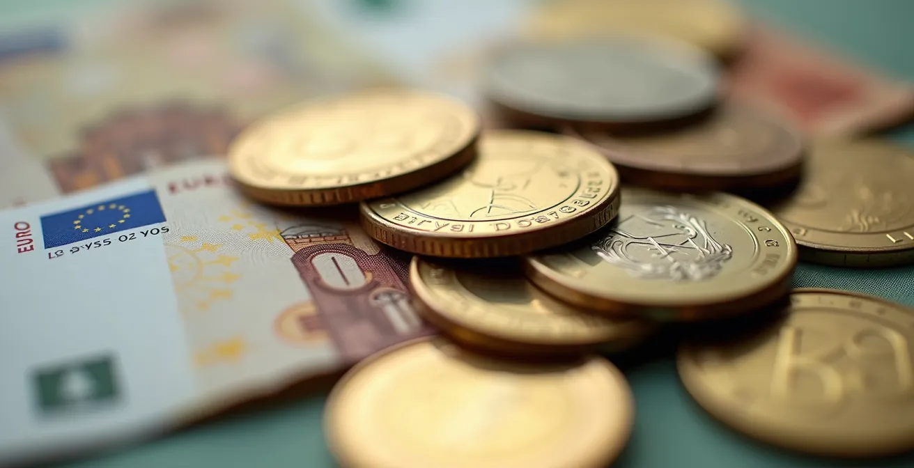 Vue macro de billets et pièces soigneusement empilés avec effet de profondeur de champ