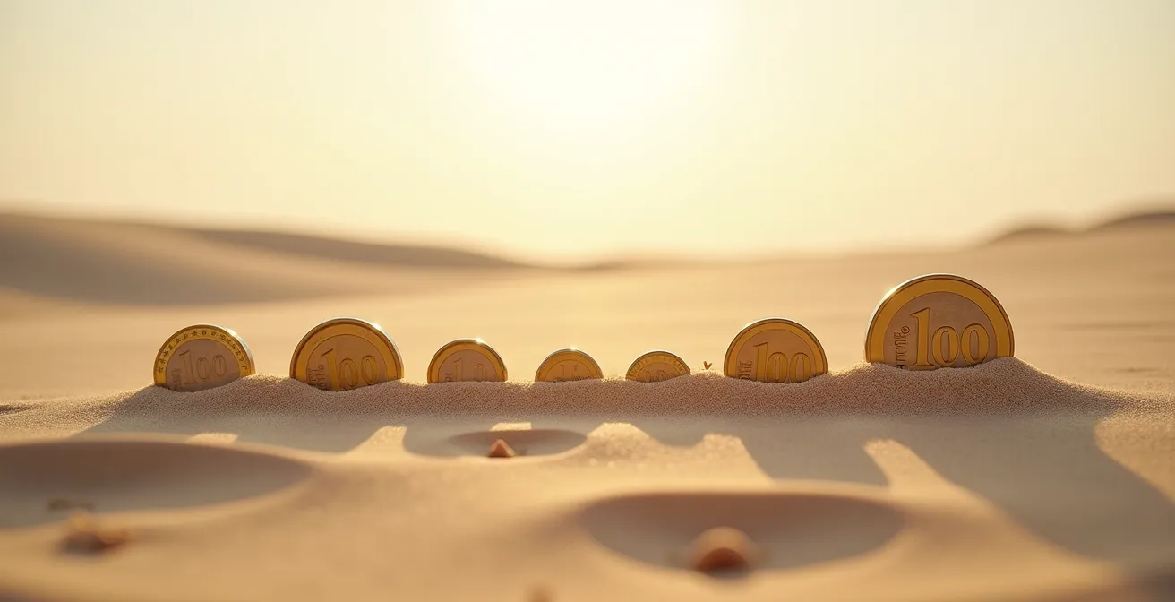 Photographie minimaliste montrant l'érosion du pouvoir d'achat avec des pièces de monnaie sur du sable s'effritant progressivement