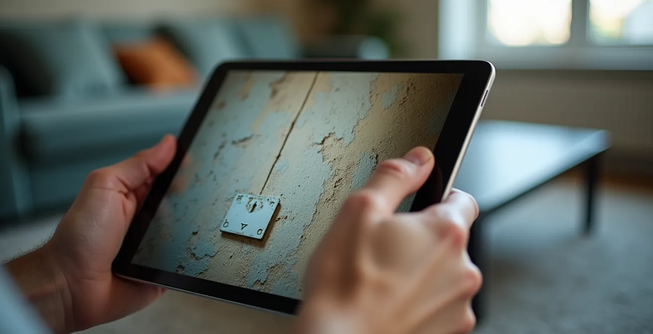 Gros plan sur une tablette capturant l'état d'un mur lors d'un état des lieux
