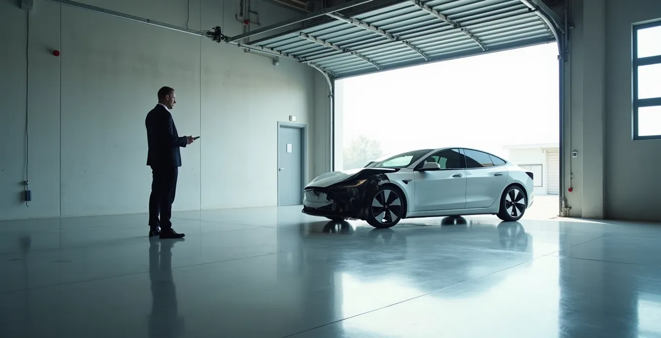 Expert automobile évaluant un véhicule électrique après accident dans un garage