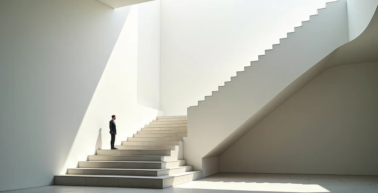 Vue symbolique d'un escalier montant brutalement représentant l'augmentation des mensualités après le différé