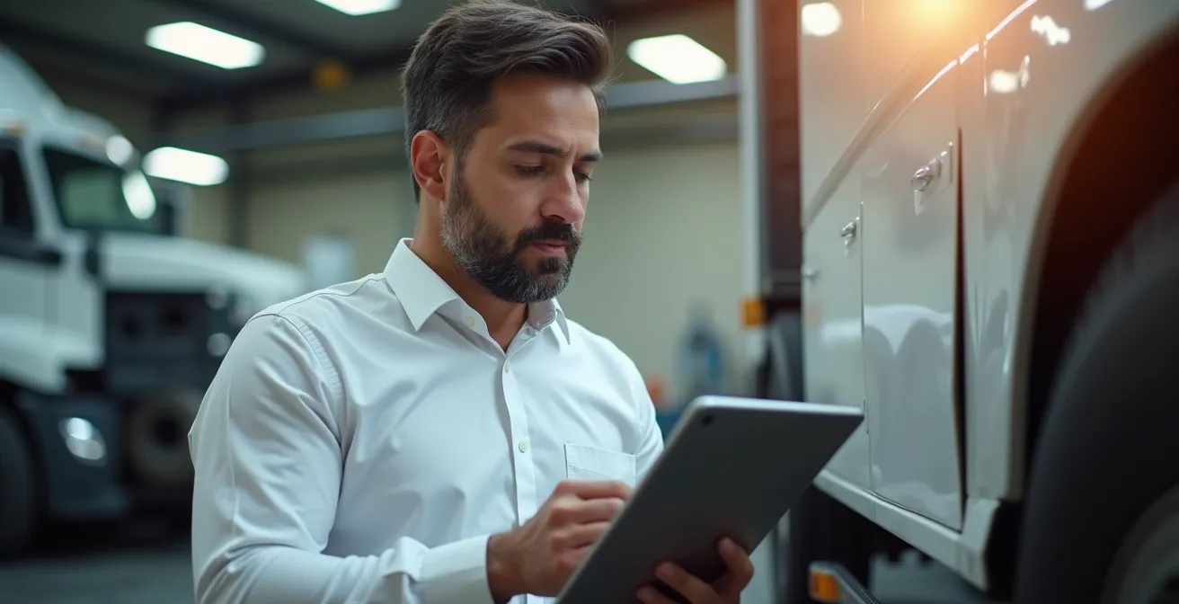 Expert automobile évaluant un véhicule utilitaire avec une tablette numérique