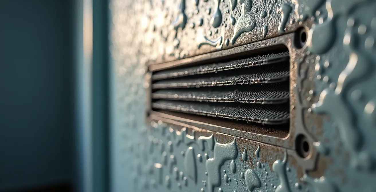 Gros plan sur un système de ventilation VMC avec traces d'humidité visibles sur le mur adjacent