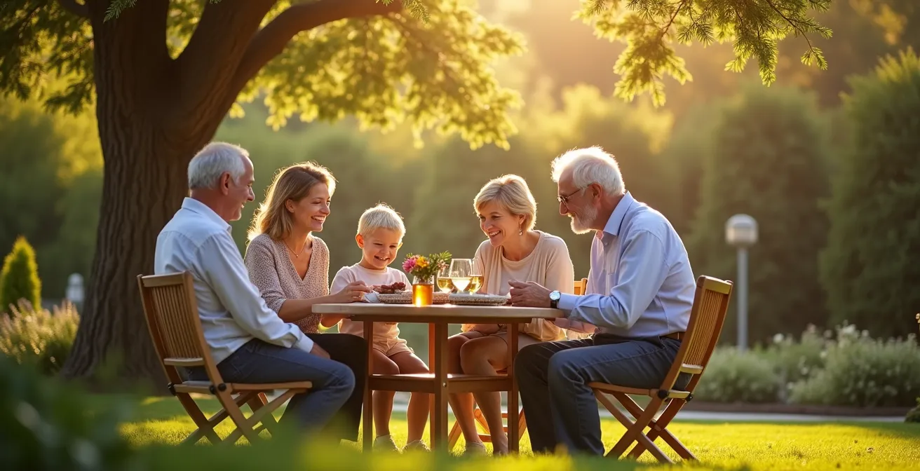 Famille multigénérationnelle réunie dans un jardin ensoleillé