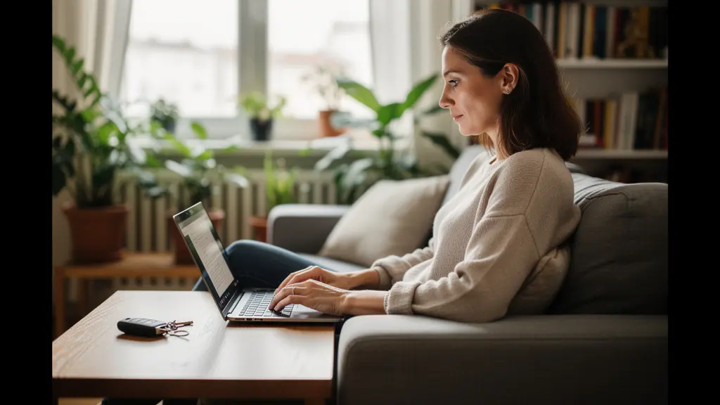 Femme comparant des offres d'assurance auto sur ordinateur portable dans son salon