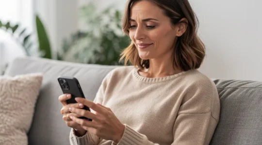 Femme consultant son smartphone pour résilier son assurance auto loi Hamon