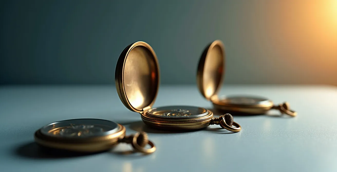 Photographie conceptuelle montrant l'évolution du risque d'investissement selon l'horizon temporel, représenté par trois horloges à différentes échelles