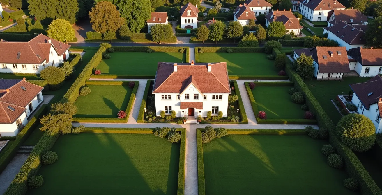 Vue aérienne d'une maison familiale avec jardin divisé symboliquement en plusieurs parcelles
