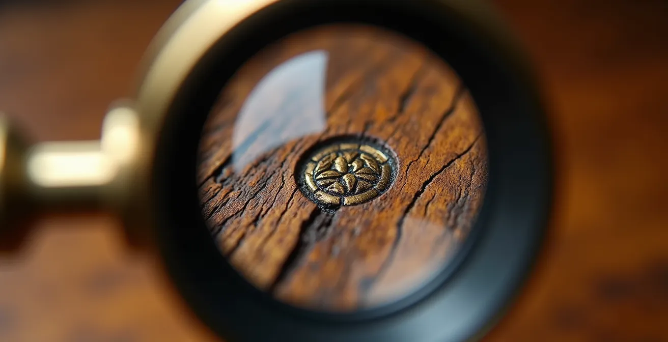 Commissaire-priseur examinant un meuble ancien avec une loupe dans un intérieur bourgeois