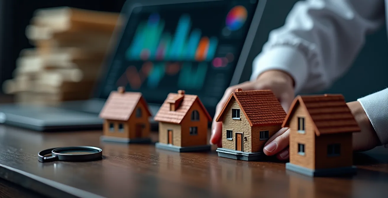 Investisseur analysant plusieurs biens immobiliers avec documents fiscaux