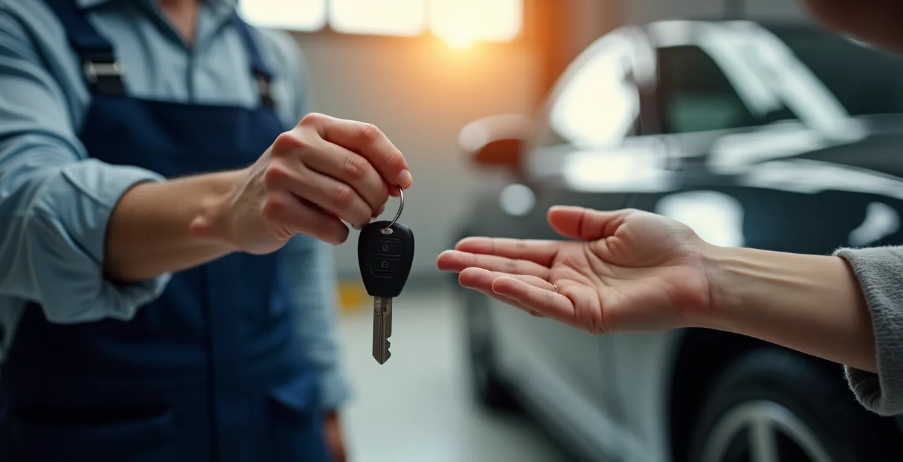 Mécanicien remettant les clés d'un véhicule réparé à son propriétaire dans un garage
