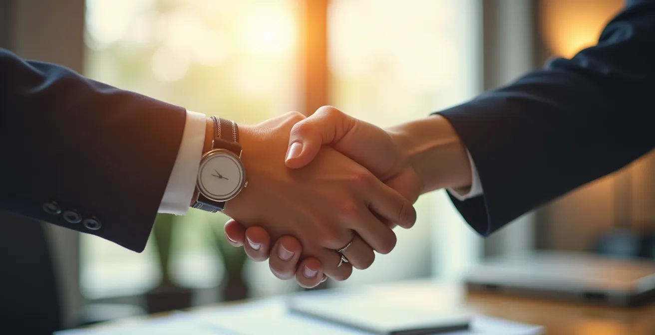 Poignée de main professionnelle entre deux personnes dans un bureau lumineux