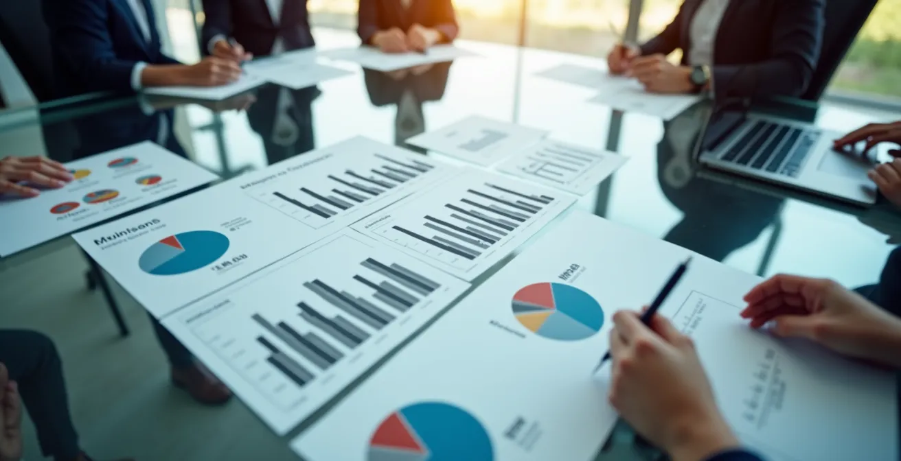 Vue en plongée d'une table de réunion avec documents et graphiques flous