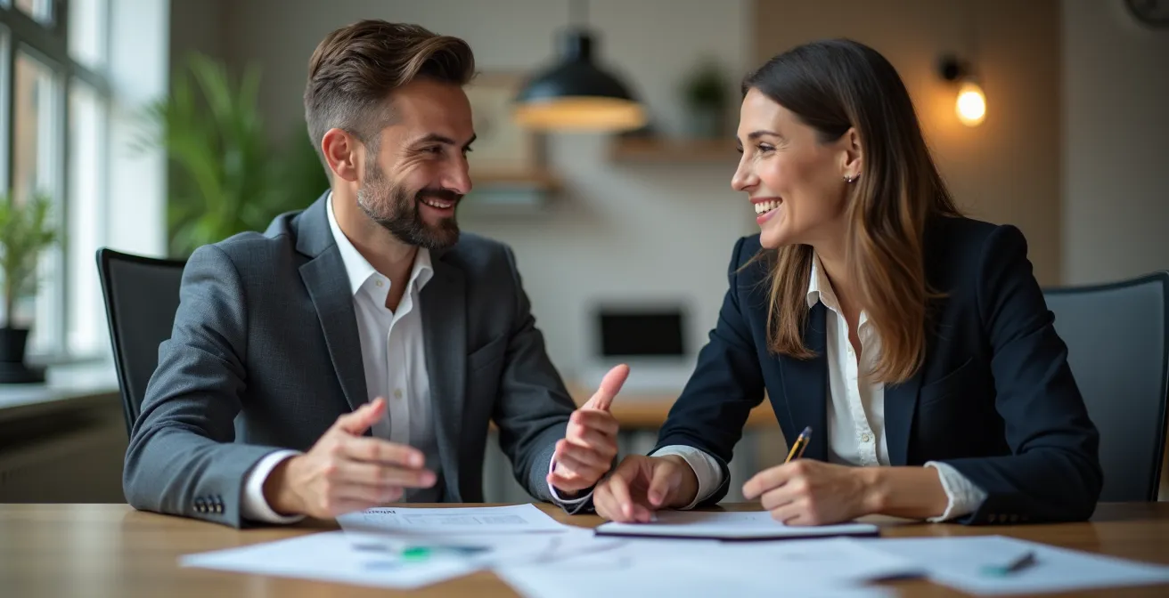 Négociation professionnelle entre un conseiller bancaire et un client dans un bureau moderne
