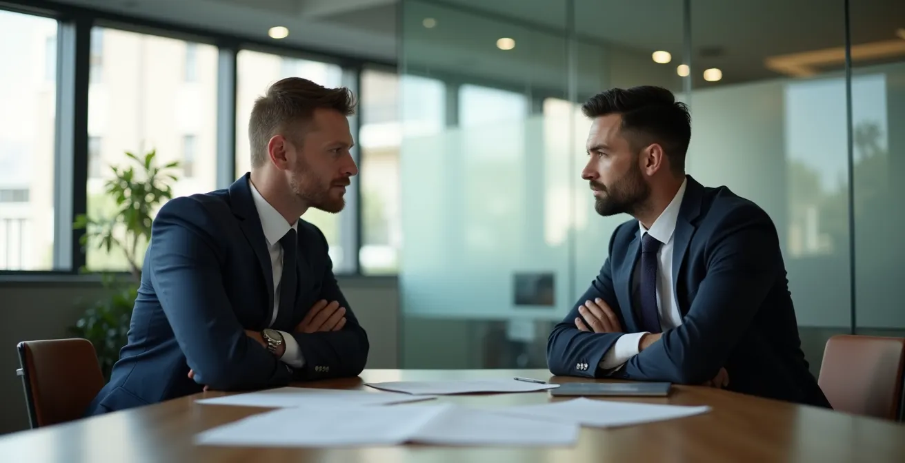 Deux personnes en discussion professionnelle autour d'une table avec documents flous