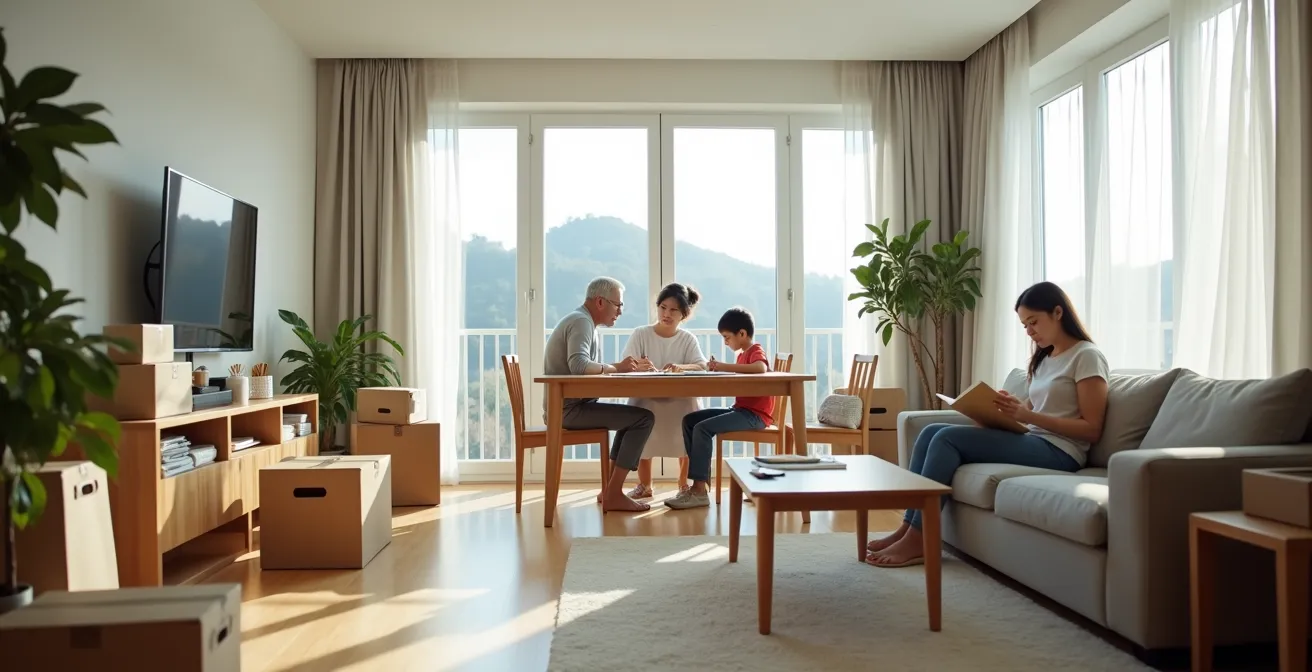 Famille en phase locative PSLA dans leur futur logement, symbolisant la transition douce vers la propriété.