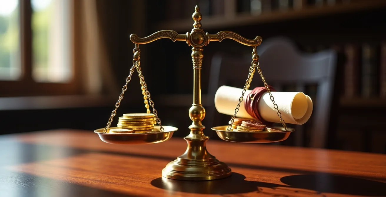 Balance équilibrée avec pièces d'or d'un côté et documents fiscaux de l'autre, symbolisant l'équilibre risque-rendement du prêt in fine