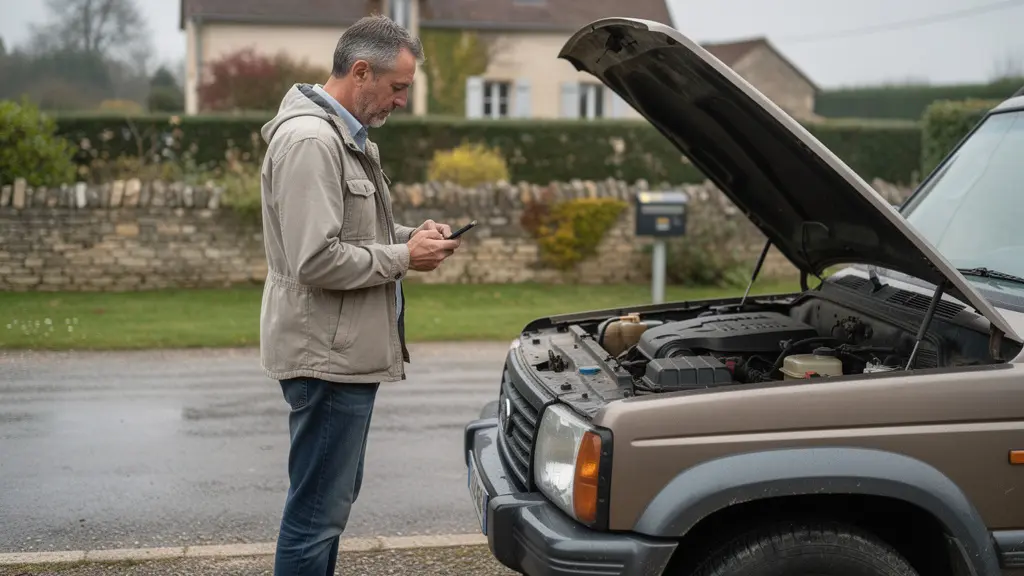 Propriétaire de 4x4 consultant son smartphone près de son véhicule garé