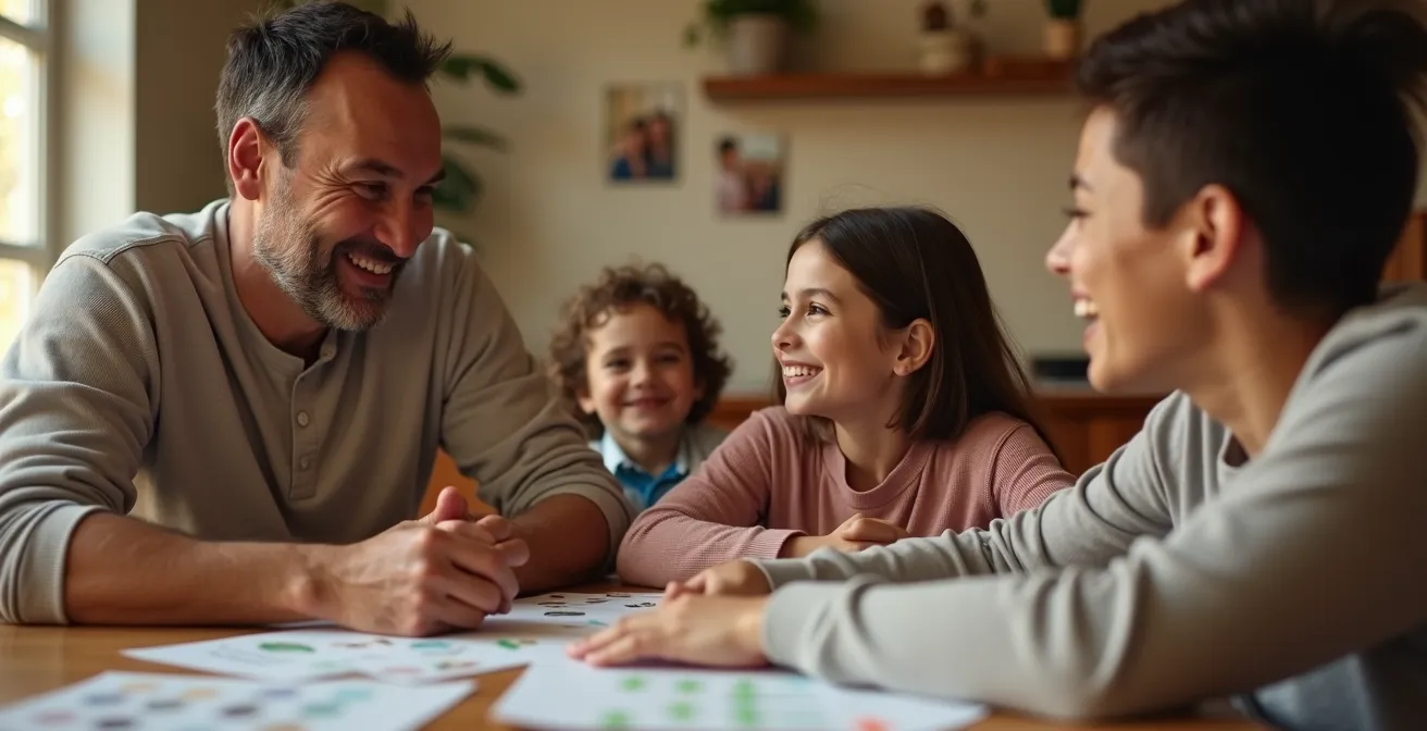 Famille protégée symboliquement avec documents financiers et parapluie métaphorique