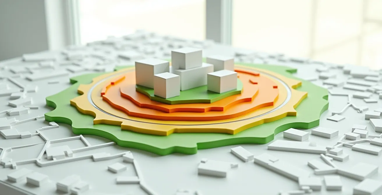 Carte isochrone montrant les zones accessibles en 20 minutes depuis un campus universitaire avec lignes de transport