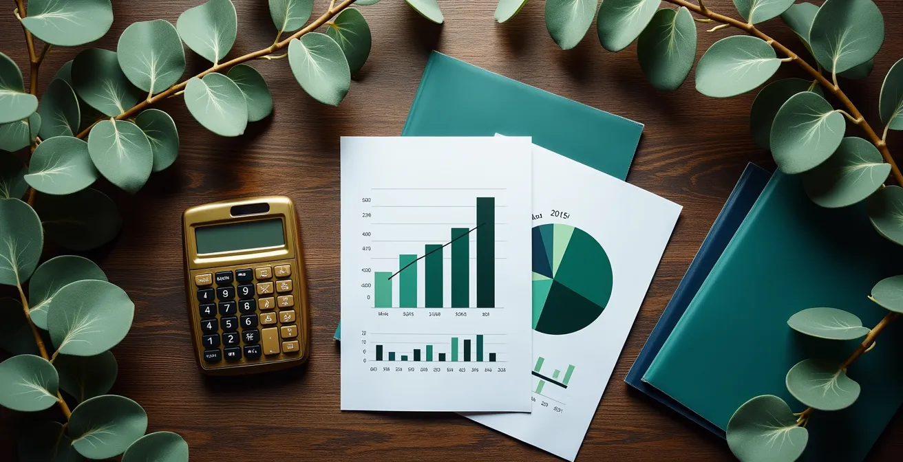 Graphiques financiers et documents fiscaux sur un bureau avec calculatrice