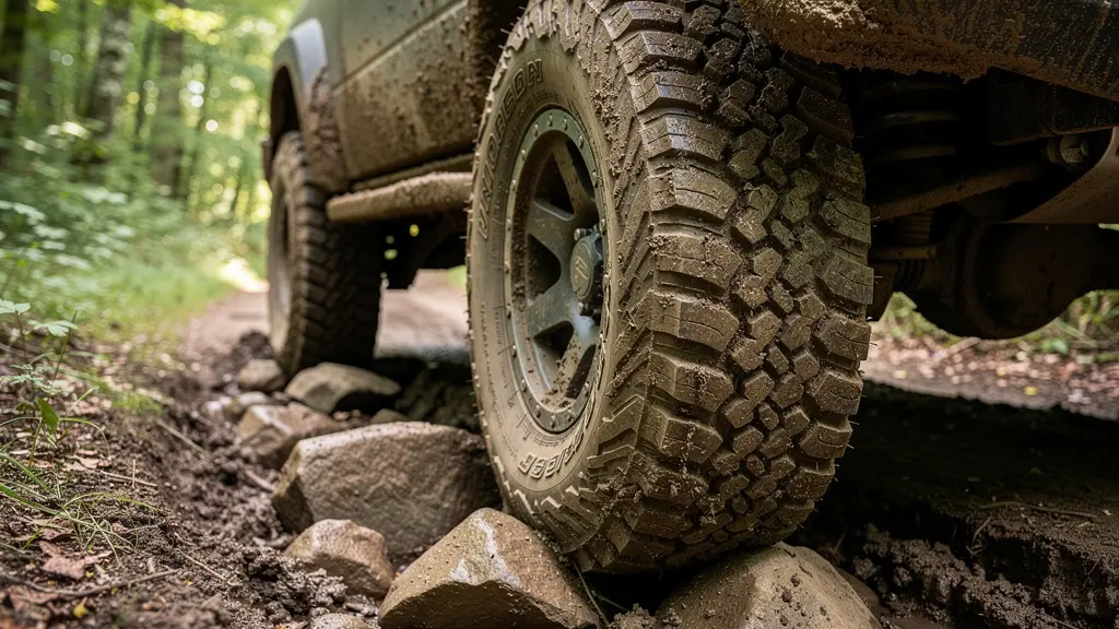 Pneu tout-terrain 4x4 enfoncé dans ornière boueuse, conditions off-road