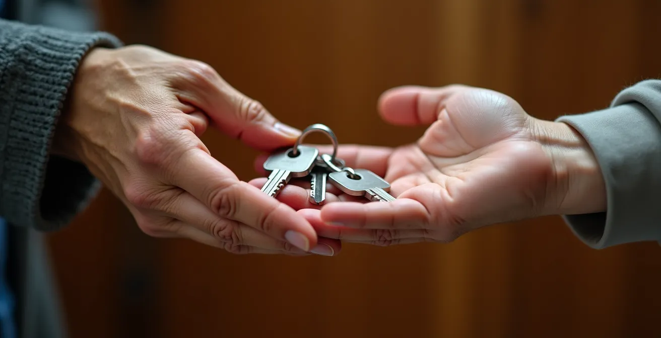 Détail de mains échangeant symboliquement des clés en gros plan