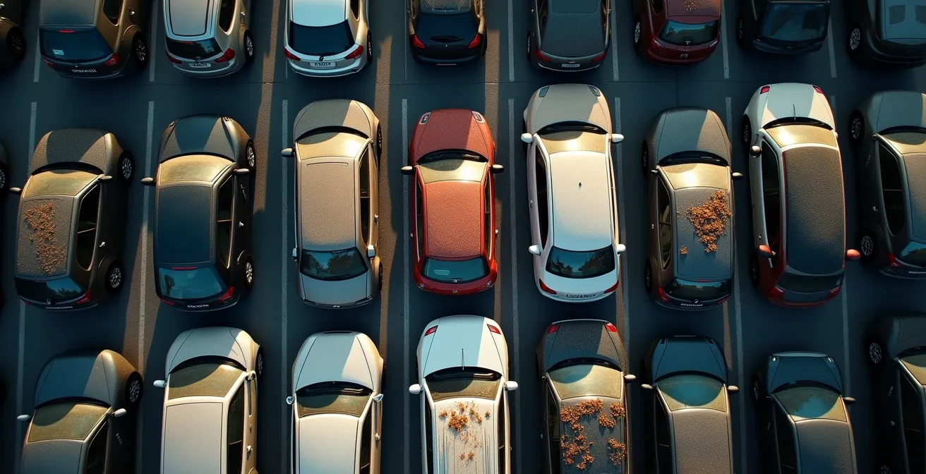 Vue aérienne d'un parking de garage avec plusieurs véhicules en stationnement longue durée