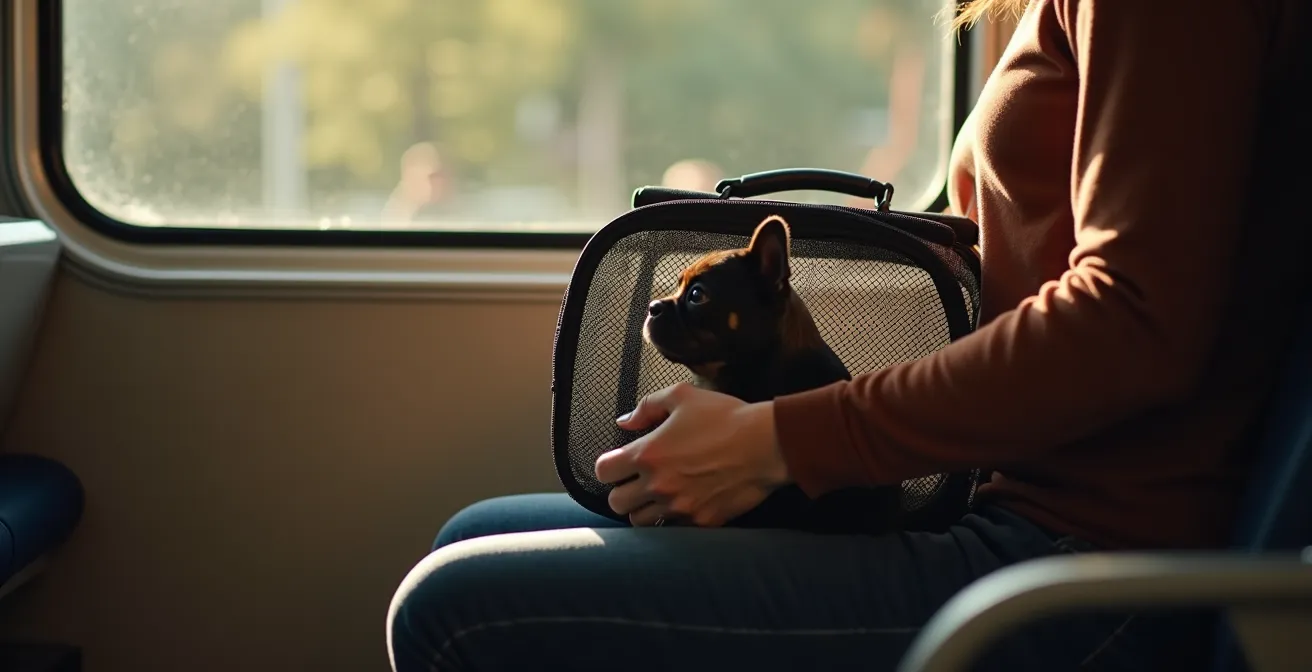 Personne avec un chat dans un sac de transport près d'une fenêtre de train, symbolisant le rapatriement des animaux de compagnie.