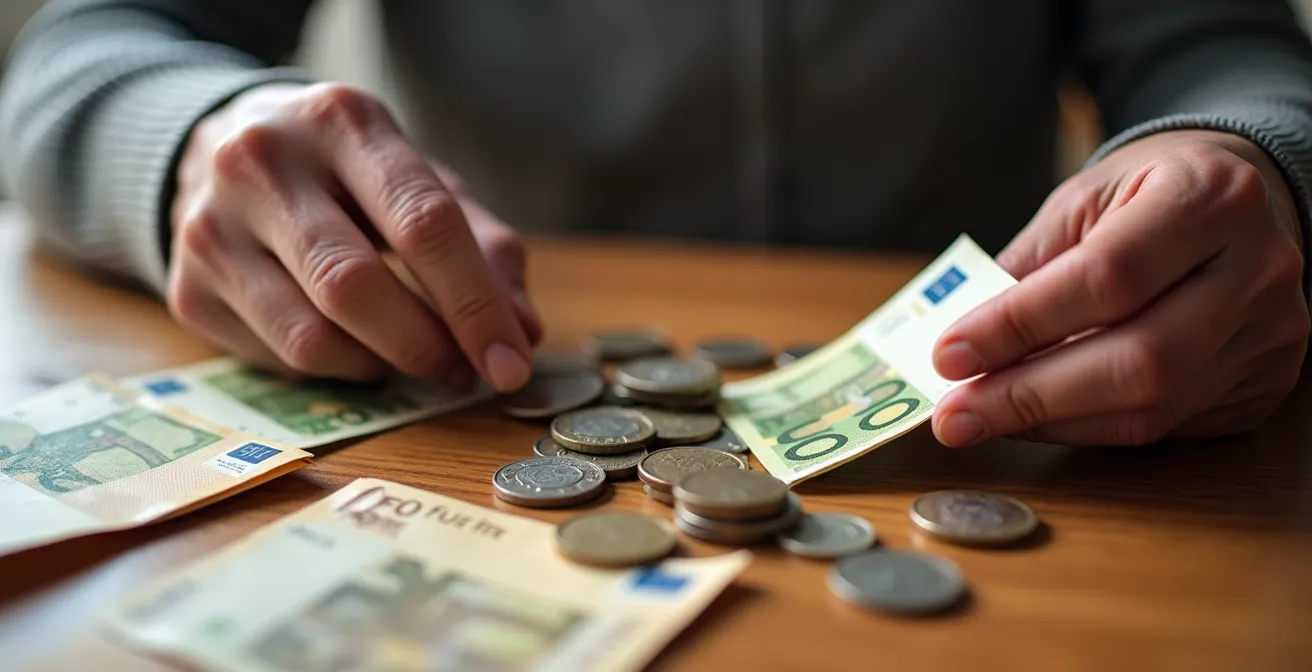 Gros plan sur des mains âgées manipulant des pièces et billets euros