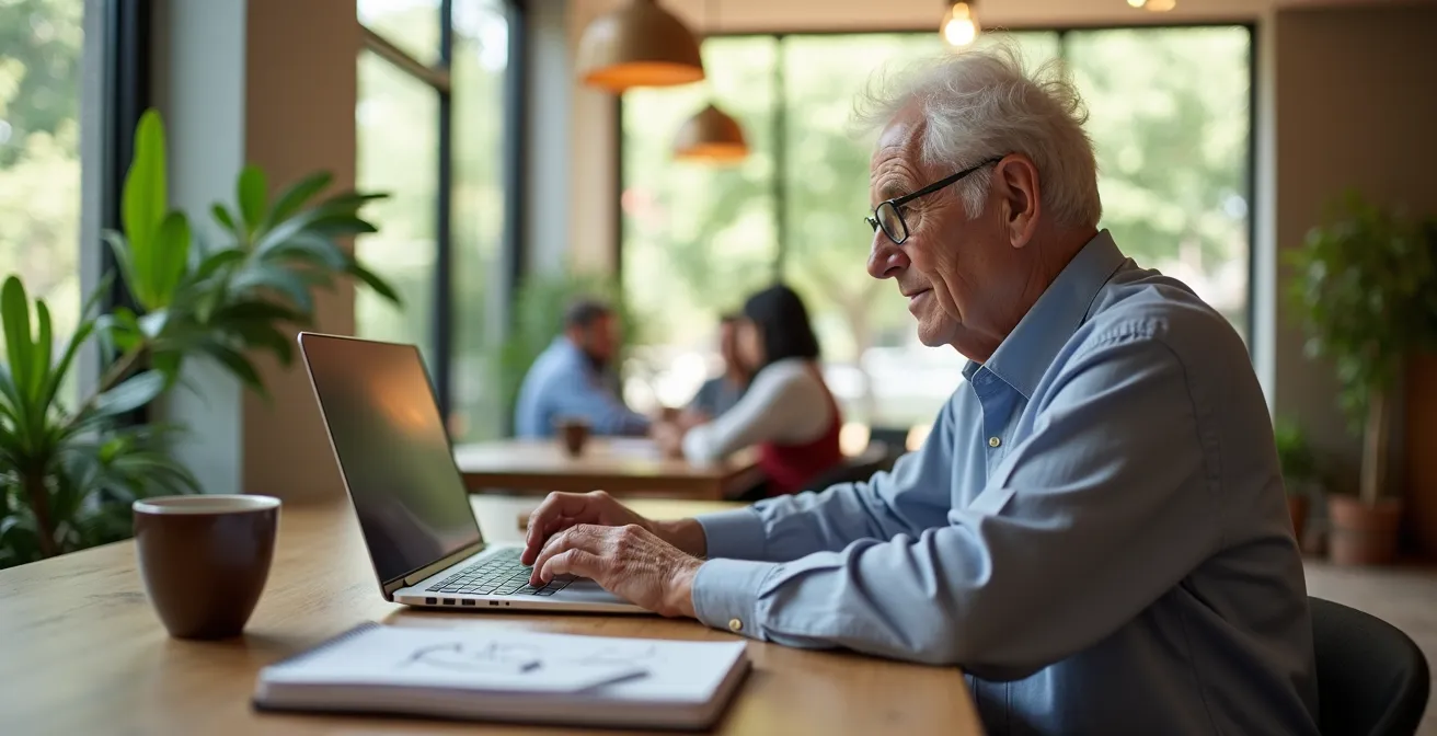 Personne senior travaillant sur ordinateur portable dans un café ensoleillé
