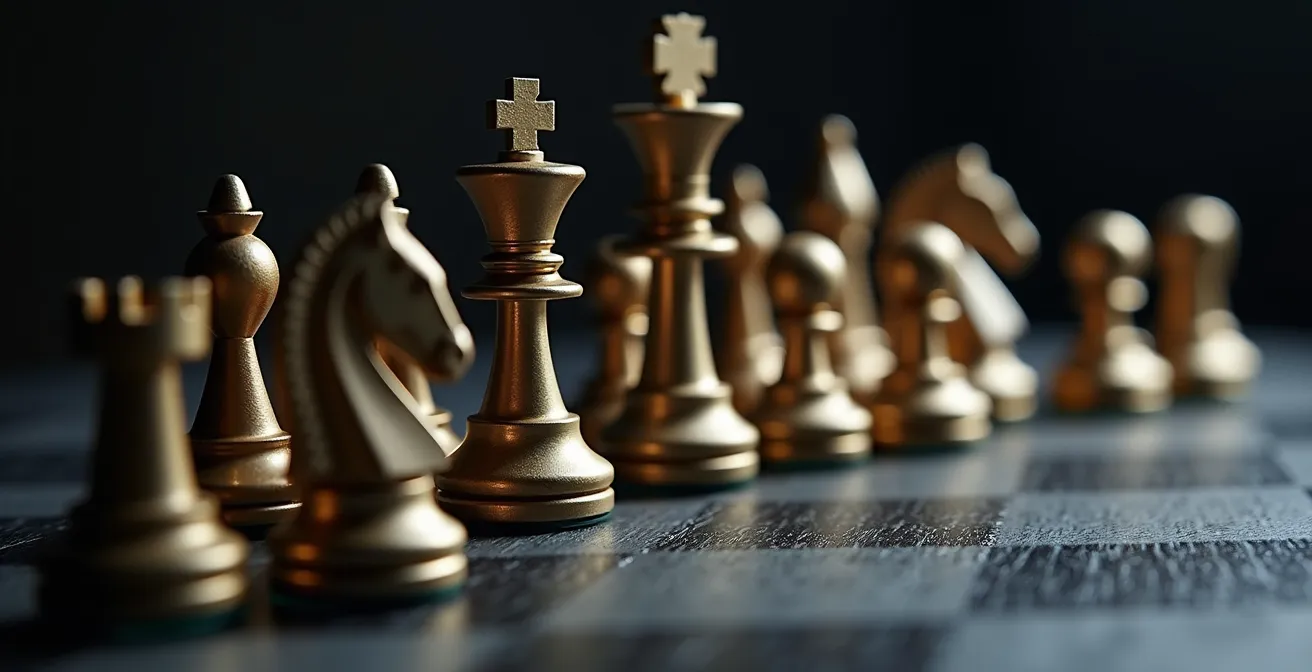 Composition stratégique d'un portefeuille illustrée par des pièces d'échecs disposées en formation équilibrée